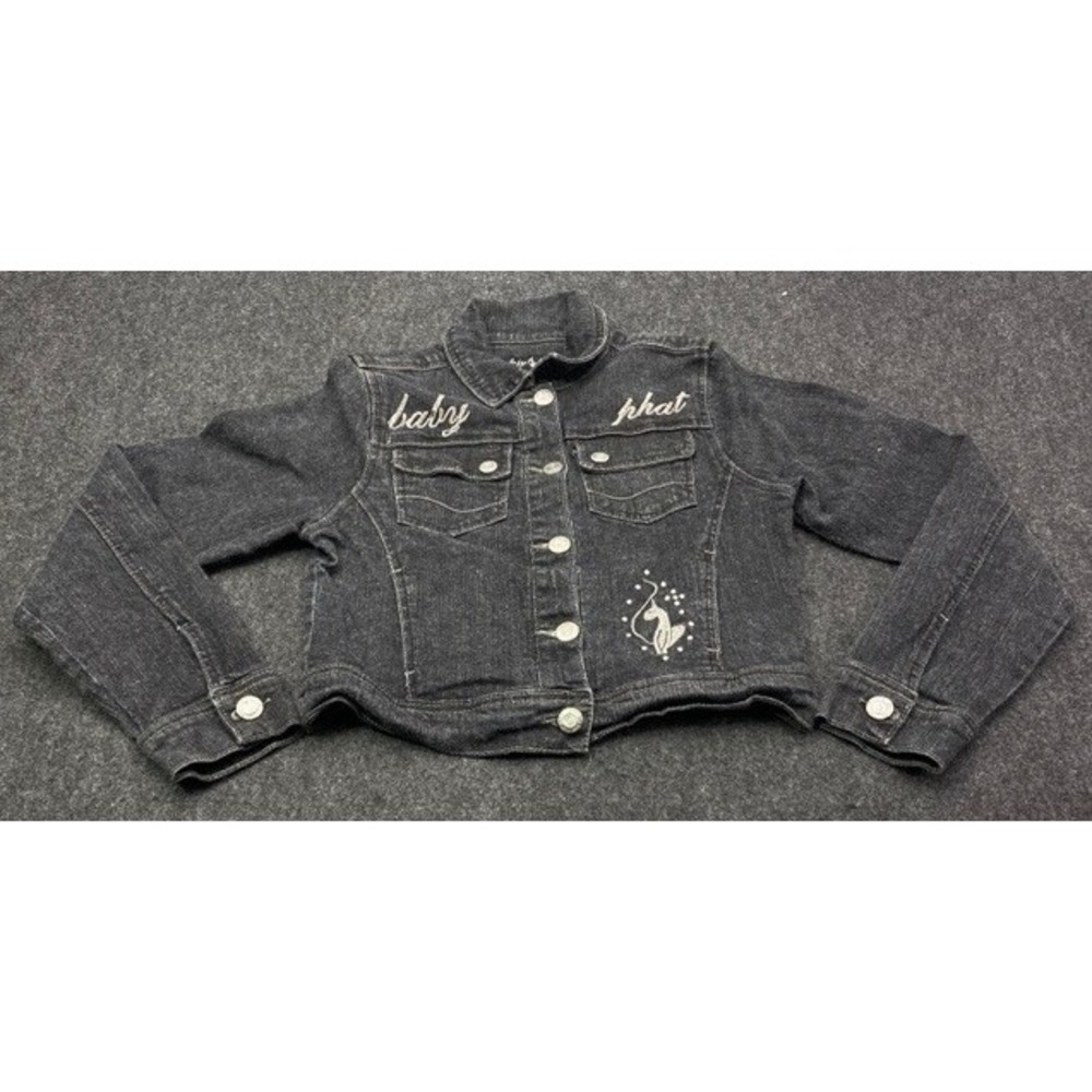 Baby Phat Denim Jacket Women XL Black Y2K Logo Rhinestone Cropped Streetwear